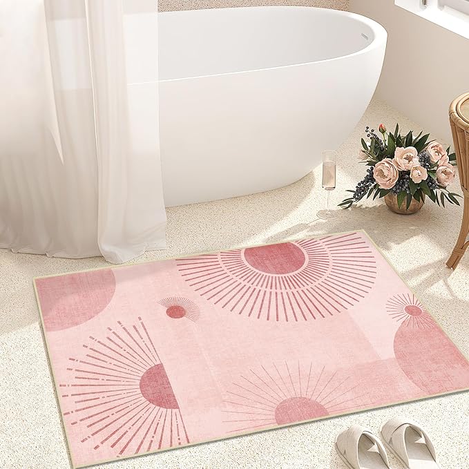Sun Rug 2x3 for Entryway Mid Century Modern Rugs Machine Washable Boho Geometric Rug Non Slip Printed Low Pile Indoor Door Mat Floor Carpet for Bedroom Bathroom Kitchen Laundry,Pink