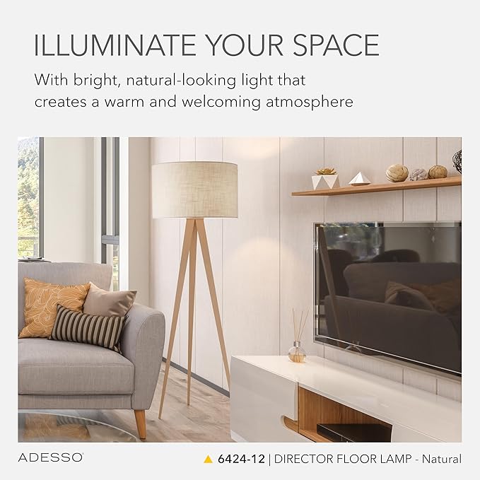 Adesso Floor Lamp with Natural Oak Veneer and Off-White Fabric Lampshade – 3-Way Adjustable Brightness, Lamp for Bedroom, Living Room, and House Décor, 60.25” x 21”