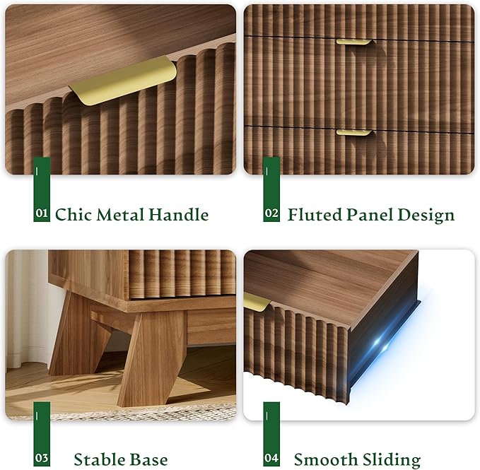 Fluted Nightstand with Charging Station, 24" Wide Bedside Table with 3 Large Storage Drawers, Modern Wood Side Table Night Stand, End Table Small Dresser for Bedroom, Living Room, Dorm, Walnut