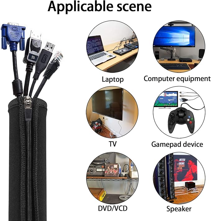 Geekria 4 Pack Cable Management, Wire Management with 8 Pieces Cable Ties, 20 Inch Cord Management with Zipper for TV/Office/Home Entertainment/Computer, Desk Cable Management (Black)