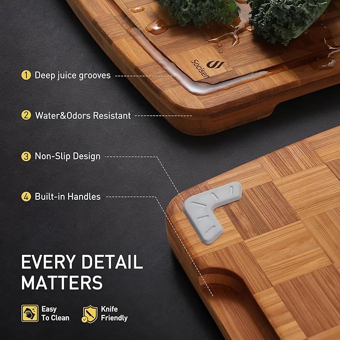 2 Pack Heavy Duty Bamboo Cutting Board Set Non Slip Over Sink Solid Thick Wood Chopping Board End Grain Extra Large Big Small Best Organic Hardwood Wooden Kitchen Essential New Home Housewarming Gift