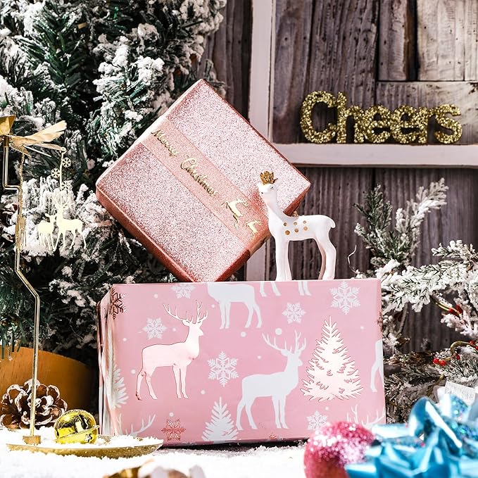 LeZakaa Rose Gold Christmas Wrapping Paper Mini Roll, Glitter Foil Matte and Reindeer Snowflake Design Holiday Gift Wrap, Arts Craft, for Xmas Winter Party, 17 x 120 inches, 3 Rolls