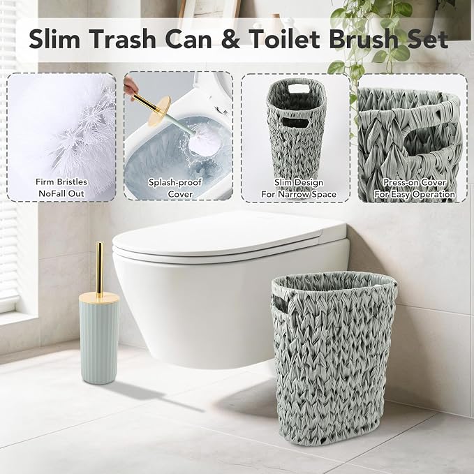 Bathroom Accessory Set, 10 Pieces Bath Set- Wicker Trash Can Tissue Box Soap Dish Toothbrush Holder Rinse Cup Lotion Bottle Toilet Brush Qtip Holder - Practical Bathroom Decor Sets (Sage Green)