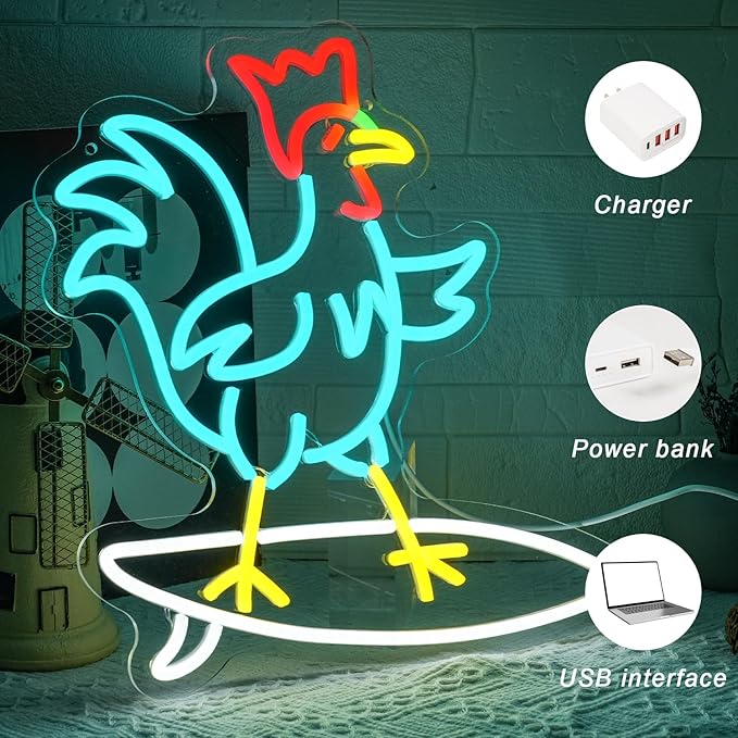 Chicken on Skateboard Neon Signs for Wall Decor Chicken Led Sign Colorful Skateboard Led Light Dimmable USB Skateboard Neon Light for Living Room Bar Kidsroom Boys Room Shop Birthday Party