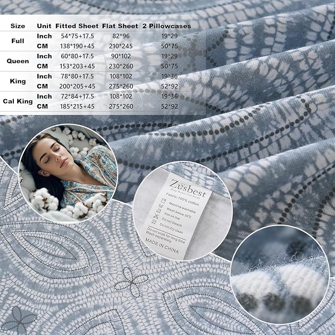 Zusbest California King Sheets 100% Percale Cotton Grey Bed Sheet Set, Brushed Extra Softness, Breathable Luxury Flannel Like Sheets Modern Classic Navy Printed Deep Pocket Bed Set 17.5'' 4 Pcs
