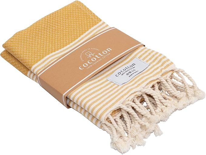 Boho Striped Turkish Hand Towels Set of 2 | 100% Cotton, 16 x 40 Inches | Decorative Bathroom Hair Face Gym Yoga Dishcloth Tea Kitchen Light Weight Quick Dry Farmhouse Towel (Mustard)