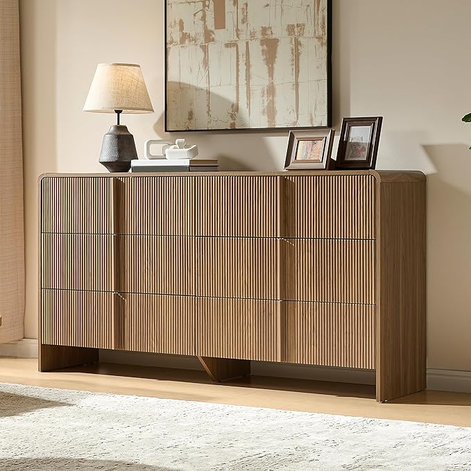 AMERLIFE 63" Fluted 6 Drawer Dresser, Wide Modern Chest of Storage Drawers with Pine Handles, Rounded Corners & Anti-Tip, Wood Drawer Organizer for Cloth, Bedroom, Living Room, Hallway, Dark Walnut