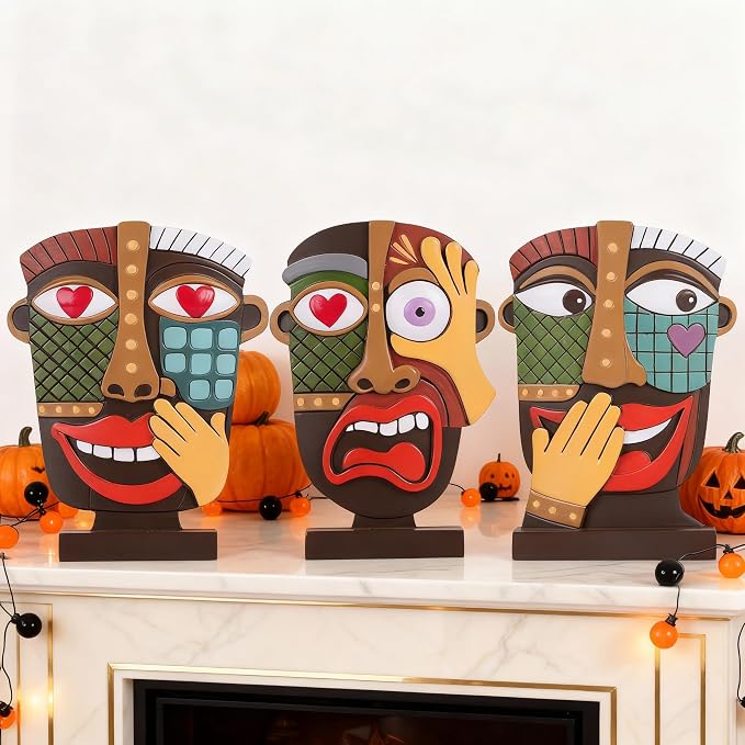 Colorful Abstract Face Sculpture Set of 3 - Modern Cubist Resin Statues for Home Decor, Picasso-Style Artistic Figurines for Shelf, Desk, Bookshelf, Living Room Accents - Unique Gift for Art Lovers