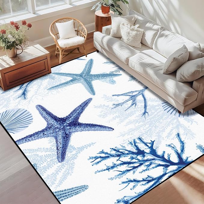 Coastal Starfish Rug 6'x9' Blue Ocean Area Rug Coral Seashell Floor Mat Washable Low Pile Carpet for Bedroom Living Room Kitchen Nursery Playroom Home Decor