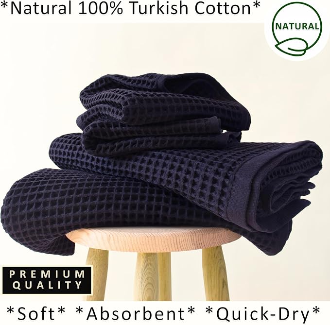 PÜSKÜL 4-Piece Natural 100% Turkish Cotton Luxury Waffle Towels for Bathroom | Premium Quality Honeycomb Weave 2 Hand Towel & 2 Bath Towel Set | Soft Absorbent Quick-Dry Lightweight Towels (Black)