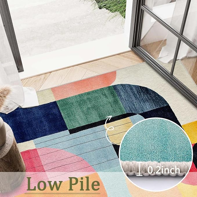 8x10 Colorful Area Rug Modern Abstract Orange Yellow Pink Blue White Beige Black Bedroom Rug Low Pile Thin Large Carpet Living Room Non Slip Dining Room Stain Resistant Office Washable Machine