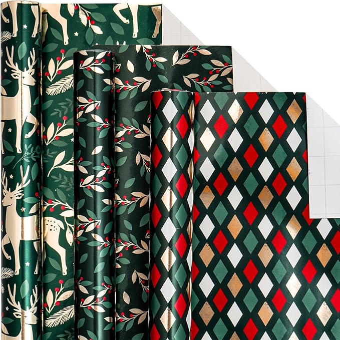 LeZakaa Green Christmas Wrapping Paper Mini Roll, Reindeer Holly Leaves Geometric Metallic Foil Holiday Gift Wrap, Arts Craft, for Xmas Winter Party, 17 x 120 inches, 3 Rolls