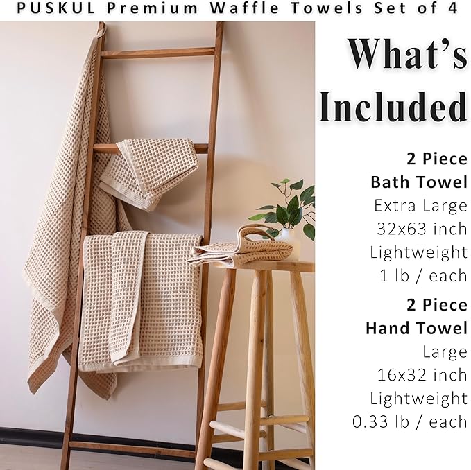 PÜSKÜL 4-Piece Natural 100% Turkish Cotton Luxury Waffle Towels for Bathroom | Premium Honeycomb Weave 2 Hand Towel & 2 Bath Towel Set | Soft Absorbent Quick-Dry Lightweight Towels (Beige)