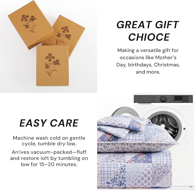 Quilt Set Queen Size, Patchwork Blue Pink Marigold Floral Quilt Sets, Reversible Bedspread Lightweight and Breathable for All Seasons, Soft Quilted Bedspread with 2 Pillow Shams