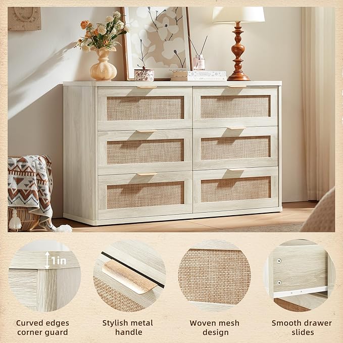 LEYAOYAO Rattan 6 Drawer Dresser for Bedroom, Boho 48" Wide White Dresser Chest of Drawers, Dressers TV Stand with Metal Handle, Storage Dressers Closet Organizer for Living Room, Hallway