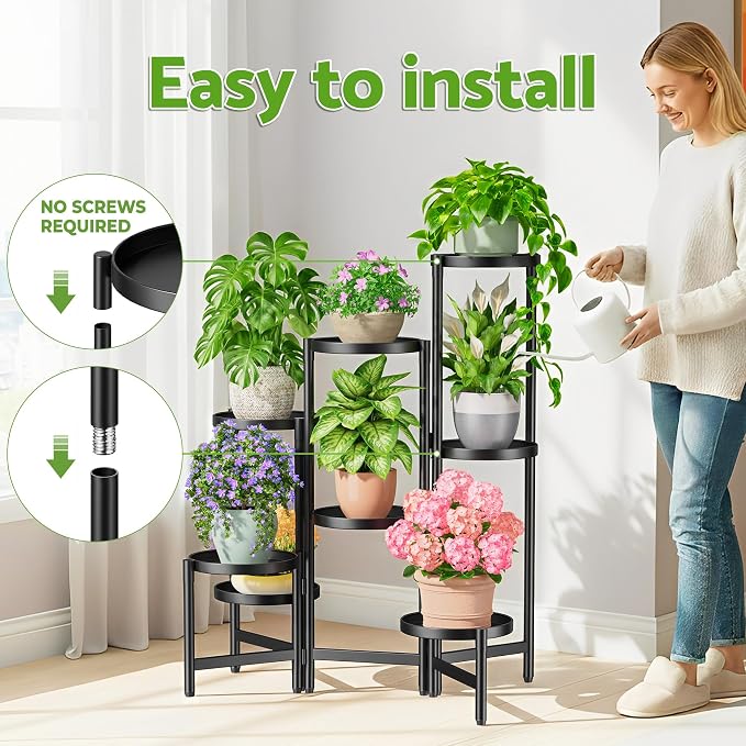 8 Tiered Plant Stand Indoor for Multiple Large Planter, Tall Heavy Duty Adjustable Folding Rack with Rustproof 7.9 Inch Wide Tray, Plant Shelf for Corner Living Room - BlackDisk