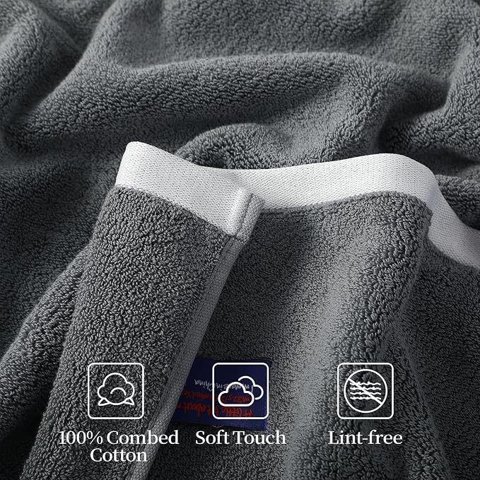 REDKISS 2 Pack Cotton Bath Towels, Soft Absorbent 600 GSM, 27x54 Inch | Quick Dry | Reinforced Stitching | Modern Contrast Border Design | Machine Washable | Bathroom, Gym|Spa & Guest Use | Gray