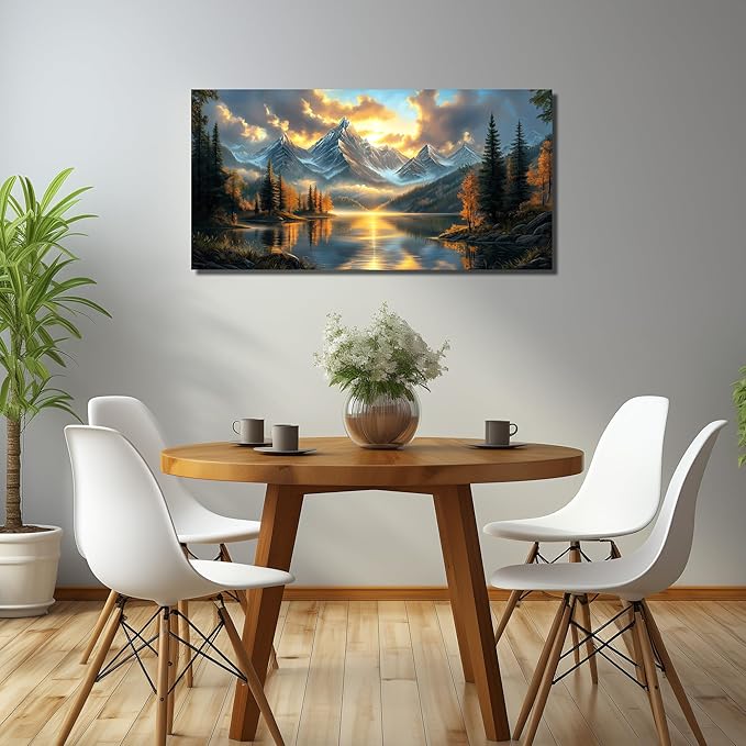 JuhaiArt Lake Picture Art Mountain Landscape Nature Wall Decorations Scenery Canvas Wall Art for Bedroom Office Gold Sunset Poster Artwork 20"x 40"