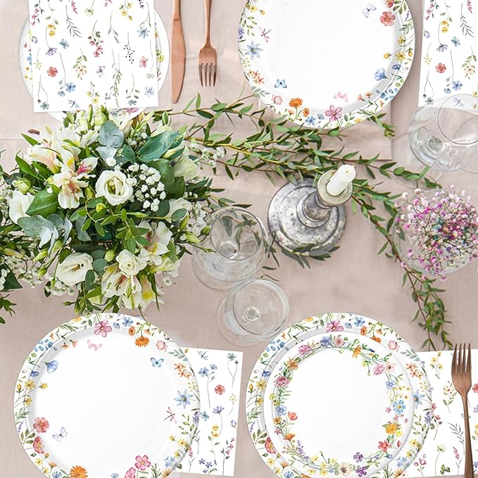 175 PCS Spring Wildflower Party Decorations include Plates, Cups, Napkins, Cutlery, Cake Toppers, Banner, Tablecloth, Balloons for Floral Baby Shower Birthday Decorations, Serves 20