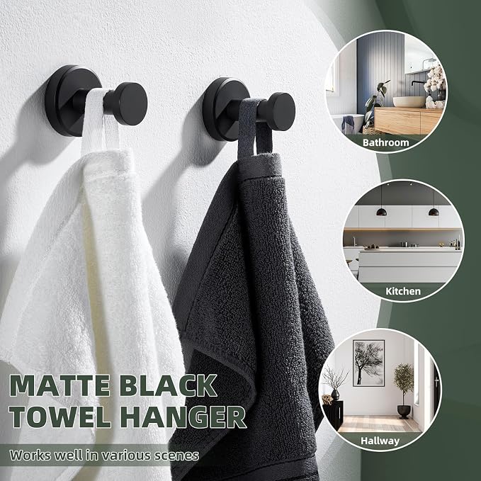 APLusee Matte Black Robe Towel Hook for Bathroom, 2 Pack Stainless Steel Coat Hooks, Heavy Duty Wall Hangers Wall Mounted