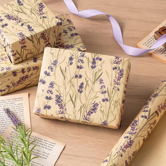 RUSPEPA Lavender Wrapping Paper Roll for Women, Delicate Floral Kraft Gift Wrap, Purple Lavender Design Perfect for Spring, Wedding, Mother's Day, Bridal Shower and Birthday, 17 Inches x 16.4 Feet