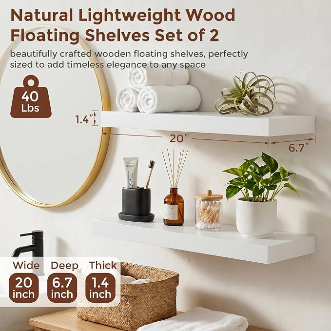 fuqing 20 Inch Floating Shelves | 6.7 Inch Deep White Shelves for Wall Set of 2 | 20''W x 6.7''D x 1.4''H White Wood Shelves for Living Room Bathroom Bedroom Kitchen Home Office