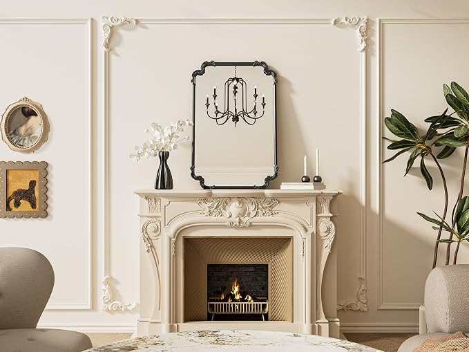 TETOTE Antique Black Rectangle Mirror for Mantle Fireplace 24 x 36 Baroque Vintage Ornate Scroll Wall Mirror with Metal Frame for Traditional Victorian French Decor, Horizontal/Vertical