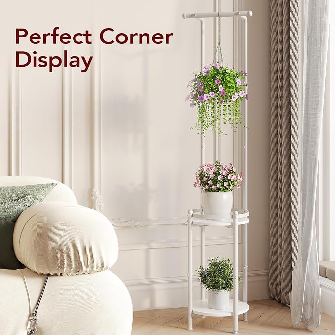 Homsorout Plant Stand Indoor Outdoor - Heavy Duty Metal 2-tier Hanging Plant Holder Space-Saving Iron Plant Stands Tall Plant Shelf for Living Room Garden Balcony (White)