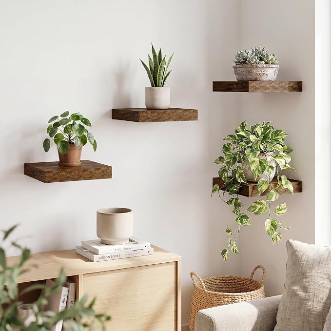 RICHFOCUS 8 Inch Floating Shelves for Wall Small Square Shelves Set for Bedroom|Kitchen|Bathroom|Wall Mounted Rustic Wood Floating Shelf with Invisible Brackets for Books|Storage|Decor, Rustic Brown