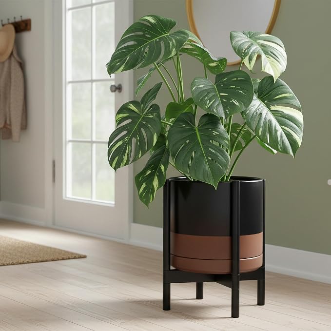 D'vine Dev Ceramic Planter with Ebony Stand - 14 Inch Modern Round Flower Pot with Wood Planter Holder, Black/Speckled Tan, 55-B-S-7