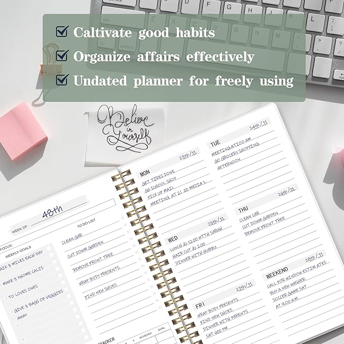 Undated Weekly Planner - Weekly Goals Notebook, A5 To Do List Planner, Habit Tracker Journal with Spiral Binding Floral Cover