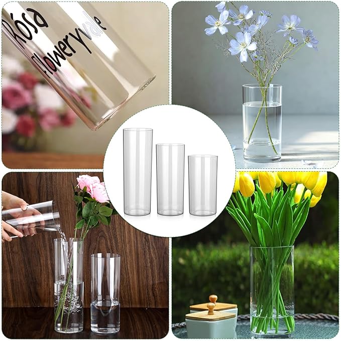 3 Packs Acrylic Cylinder Vases Clear Plastic Flower Vase for Plants Bouquet, Tall Large Plastic Vases Base Vase for Wedding Centerpieces Flower Bouquet Home Decor(8"+10"+12")