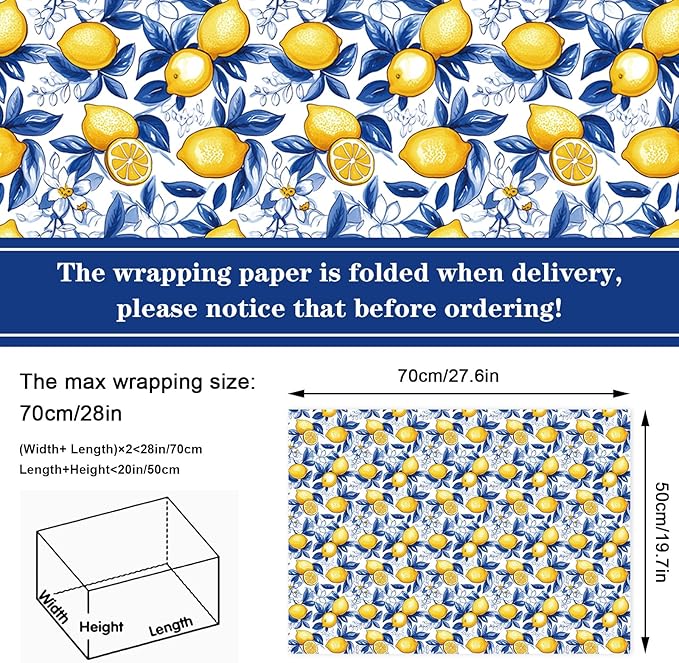 JarThenaAMCS 12 Sheet Chinoiserie Lemons Wrapping Paper -Not Roll- Watercolor Blue Tiles Lemon Gift Wrap Paper Folded Flat Art Paper for DIY Crafts Gift Wrapping, 19.7 x 27.6 Inch