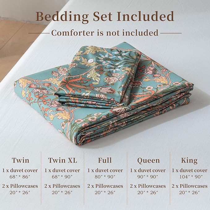 EAVD Vintage Style Flower Duvet Cover Full Soft 100% Cotton Chic Floral Boho Bedding Set with 2 Pillowcases Garden Gorgeous Floral Full Duvet Cover with Zipper Closure 4 Ties