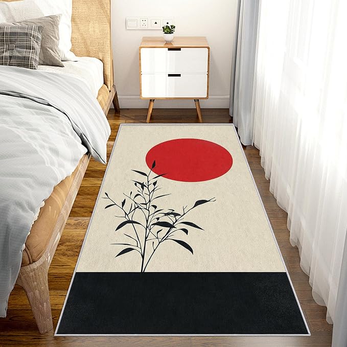 Japanese Runner Rug 4x8, Black and Grey Red Sun Design, Zen Asian Area Rug, Washable Non-Slip Floor Carpet Runner for Bedroom, Dining Room, Living Room Aisle