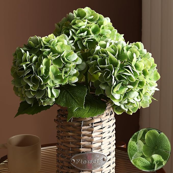 3Pcs Hydrangea Artificial Flowers, 22.44" Real Touch Latex Faux Hydrangea with Long Stems & Leaves for Home Office Decor or Wedding, Party, Centerpieces, Floral Arrangements (Green)