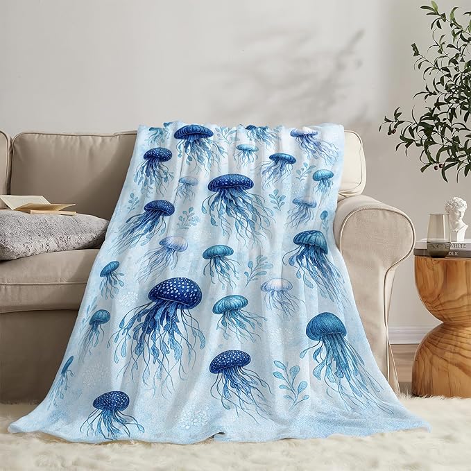 Jellyfish Blanket Marine Life Throw Blanket Blue Ocean Sea Soft Cozy Fleece Sealife Fuzzy Stuffed Plush Animal Flannel Gifts for Girls Women Boys Kids Adults 40''x50''