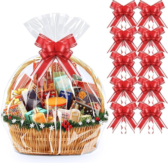PigPotParty 30"x40" Clear Cellophane Gift Bags - Includes Bows – 10 Pack Large Cellophane Wrap for Gift Baskets, Plastic Gifts Bags for Gift Giving