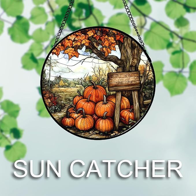 Stained Glass Window Hanging Fall Farm Scenery Maple Trees Pumpkin 6.3" - Suncatcher Door Garden Kitchen Sun Catcher Autumn Decor Birthday for Mom Nana Men Woman Friend