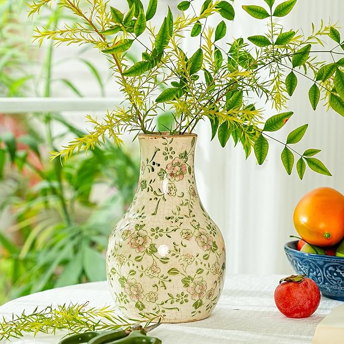 Sungmor Blue and White Ceramic Flower Vase, Vintage Ice Cracked Glaze Porcelain Vase, Pretty Centerpieces Flower Arrangement Vase for Home Decor, 8.2 Inch Decorative Vases for Table, Shelf, Mantel