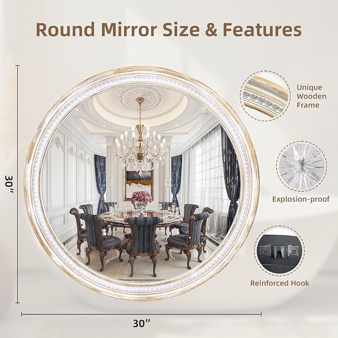 HOITUZYUS 30 Inch Rustic Farmhouse Round Wall Mirror, Boho Wooden Decorative Circle Mirror for Bathroom Vanity, Living Room, Entryway, Bedroom, Hallway
