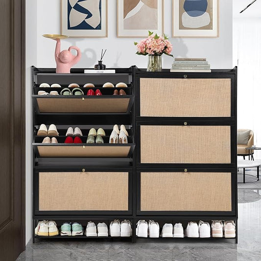 LEVNARY Shoe Cabinet for Entryway, Slim Shoe Cabinet with 3 Flip Drawers Narrow Shoe Storage Cabinet, 4 Tier Freestanding Shoe Organizer for Entryway, Hallway (2, Black)