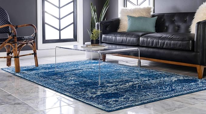 Unique Loom Bromley Collection Area Rug - Wells (6' 1" x 9' Rectangle, Navy Blue/ Ivory)