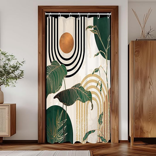 Glawry Small Stall Green 36Wx72L Inches Boho Mid Century Shower Curtain Abstract Retro Tropical Palm Tree Plant Sun Arch Minimalist Bathroom Modern Bath Accessories Art Home Decor Fabric 7 Pack Hooks