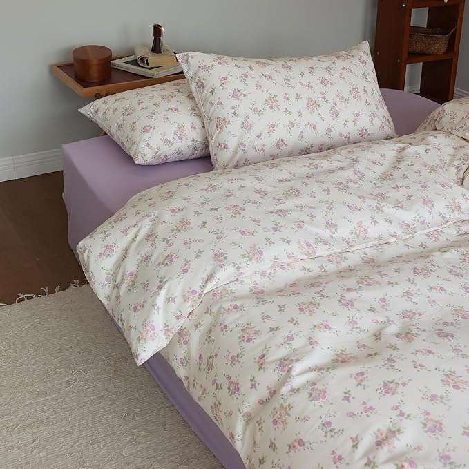 EAVD Garden Purple Pink Floral Duvet Cover Full Soft Cotton Chic Shabby Cute Floral Pattern Bedding Set with 2 Pillowcases Reversible Botanical Floral Comforter Cover with Zipper Closure