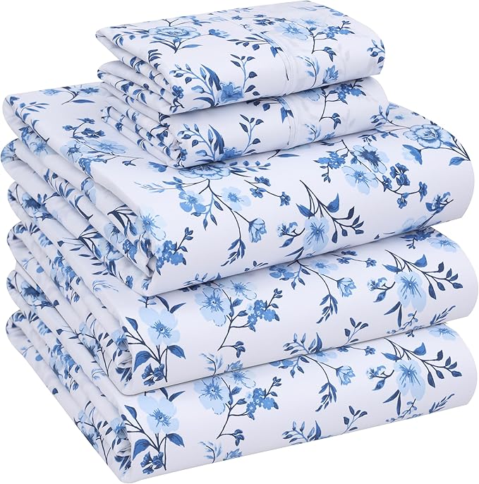 RUVANTI 100% Cotton Split King Sheets Sets for Adjustable Bed, 5 PCs, Soft & Breathable Percale Weave Bedding, Deep Pocket 16", Hotel Standard, Crisp Cool Feel & Durable, Floral Sheet, Annual