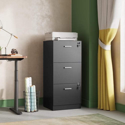 DEVAISE 3 Drawer File Cabinet - Lockable Vertical Wood Filing Cabinet for Home Office - Black