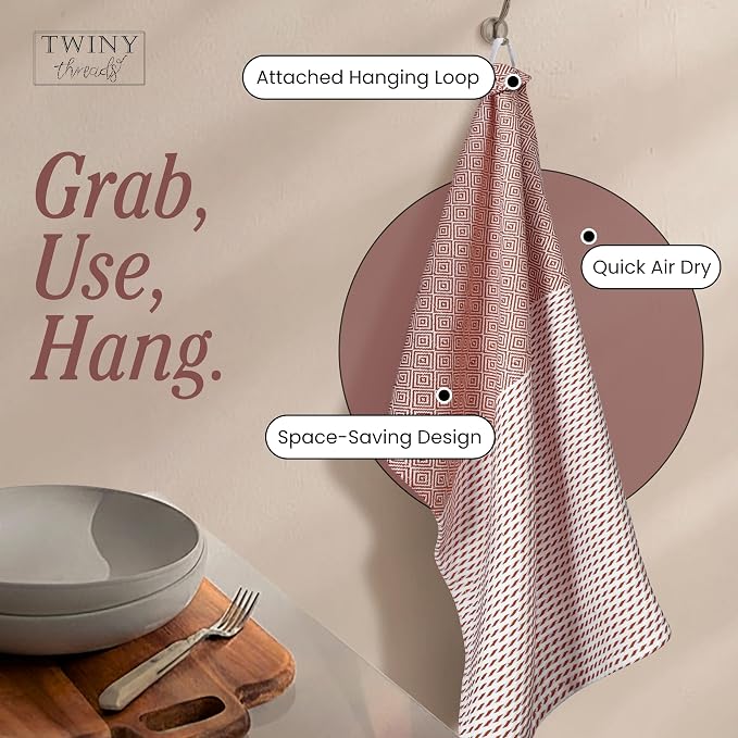TWINY threads Kitchen Towel Diamond Weave, Premium Kitchen Linen Set, Large 100% Cotton Dish Rags, Absorbent Quick Drying for Daily Use, Washable Reusable, Set of 4, 18x26 Inches, Rust