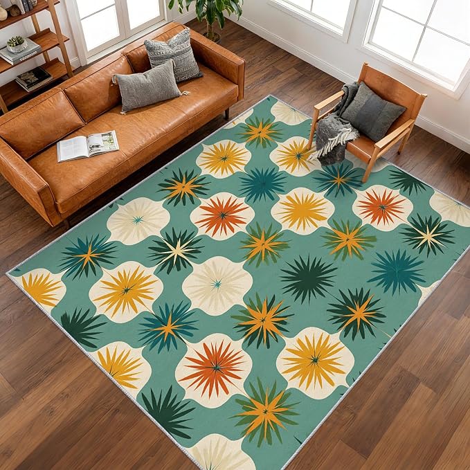 Mid Century Modern Rugs for Living Room Decor, 5x7 ft, Retro Geometric Flower Area Rugs for Bedroom, Soft Non Slip Washable 70s MCM Atomic Carpet Home Decorations D-g48