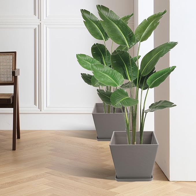Kozyard 2Packs Taper Planter Indoor Outdoor Plant Pots with Tray Collecting Water for Porch, Patio, Backyard Planters Modern Décor for Tall Plants Flowers GrayishBrown